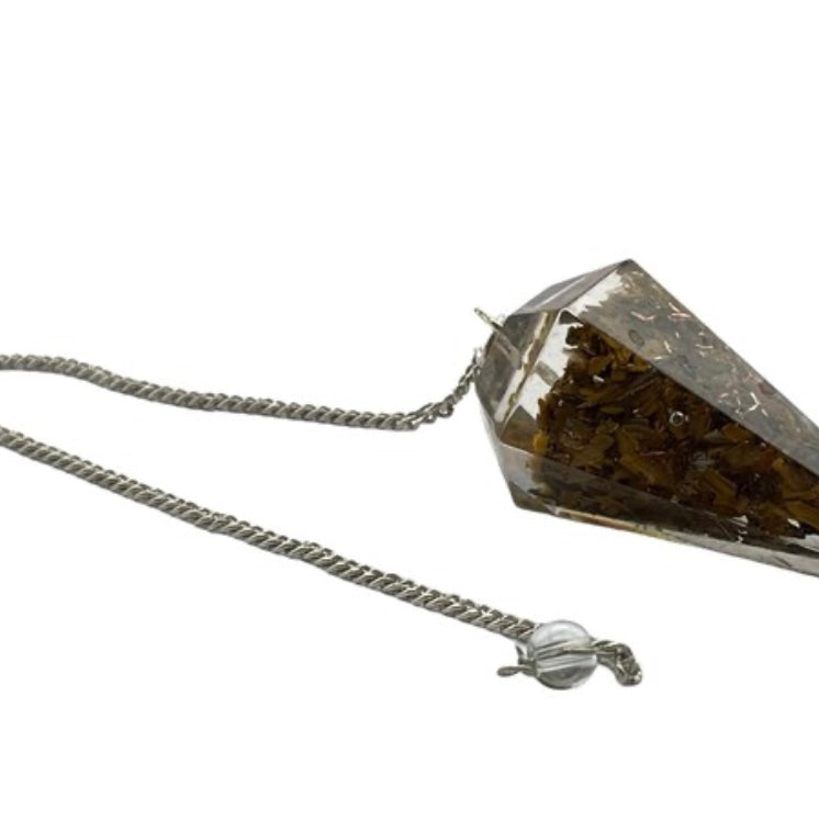 Tiger Eye Gold Faceted Cone Orgone Pendulum on a Silver Colour Chain Crystal Pendant for Dowsing Spiritual Reiki