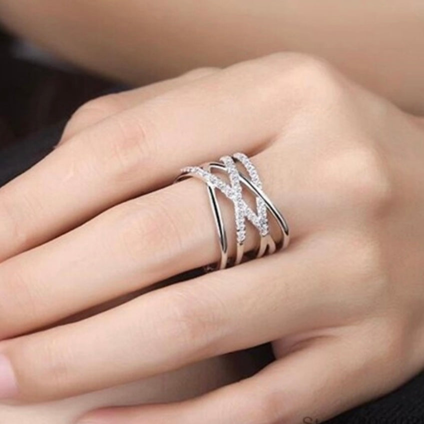 Multilayer Line Cross Mosaic Zirconia Open Silver Ring in Gold or Silver