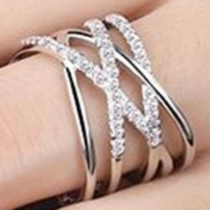 Multilayer Line Cross Mosaic Zirconia Open Silver Ring in Gold or Silver