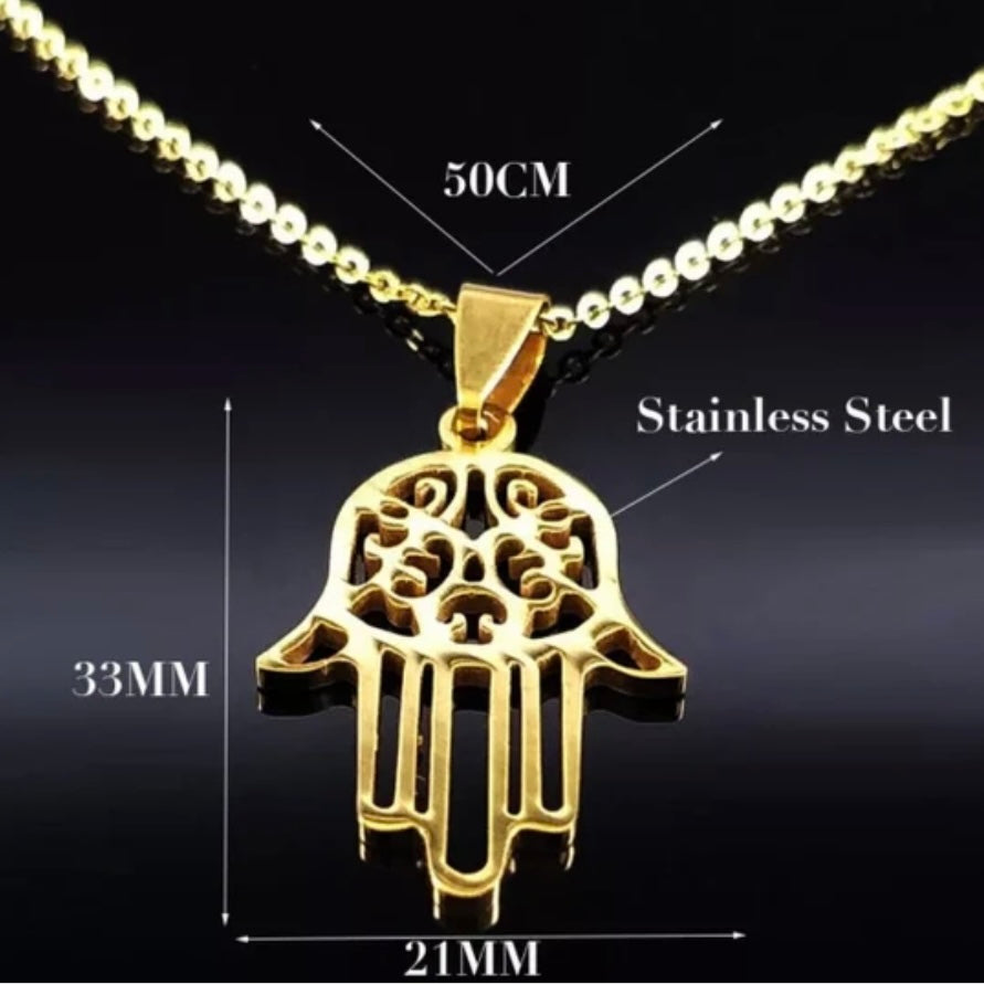 Stainless Steel Hamsa Hand Pendant Necklace in Gold or Silver Colour