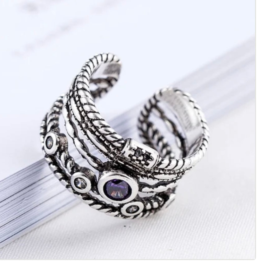 Vintage Bohemian Silver Colour Zircon Round Open Ring