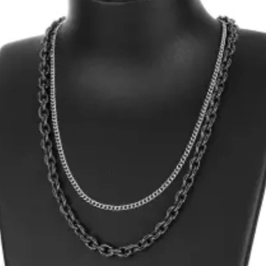 Stainless Steel Double Layer Cuban Link Chain Choker Necklace Available in Gold Silver and Black/Silver Colours