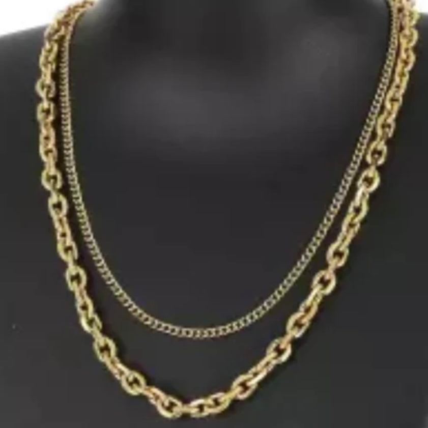 Stainless Steel Double Layer Cuban Link Chain Choker Necklace Available in Gold Silver and Black/Silver Colours