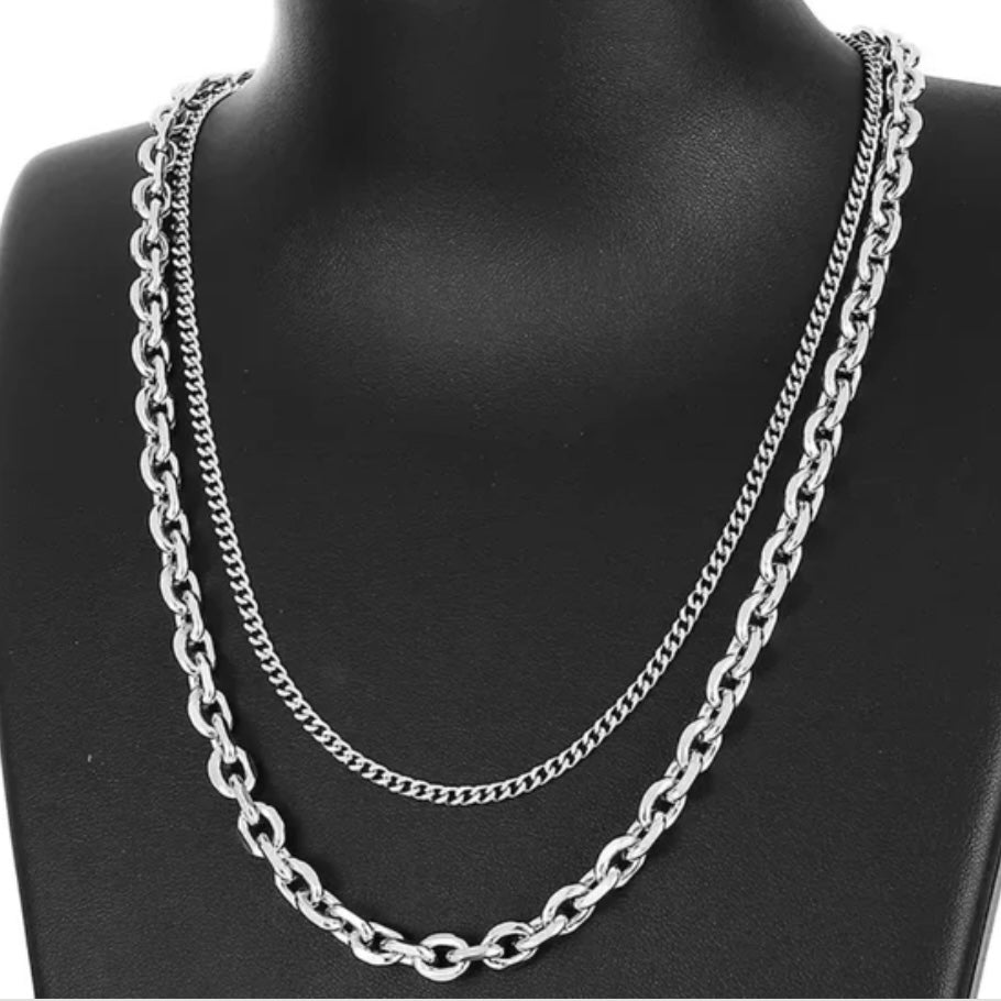 Stainless Steel Double Layer Cuban Link Chain Choker Necklace Available in Gold Silver and Black/Silver Colours