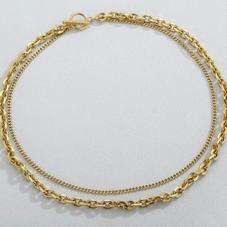 Stainless Steel Double Layer Cuban Link Chain Choker Necklace Available in Gold Silver and Black/Silver Colours