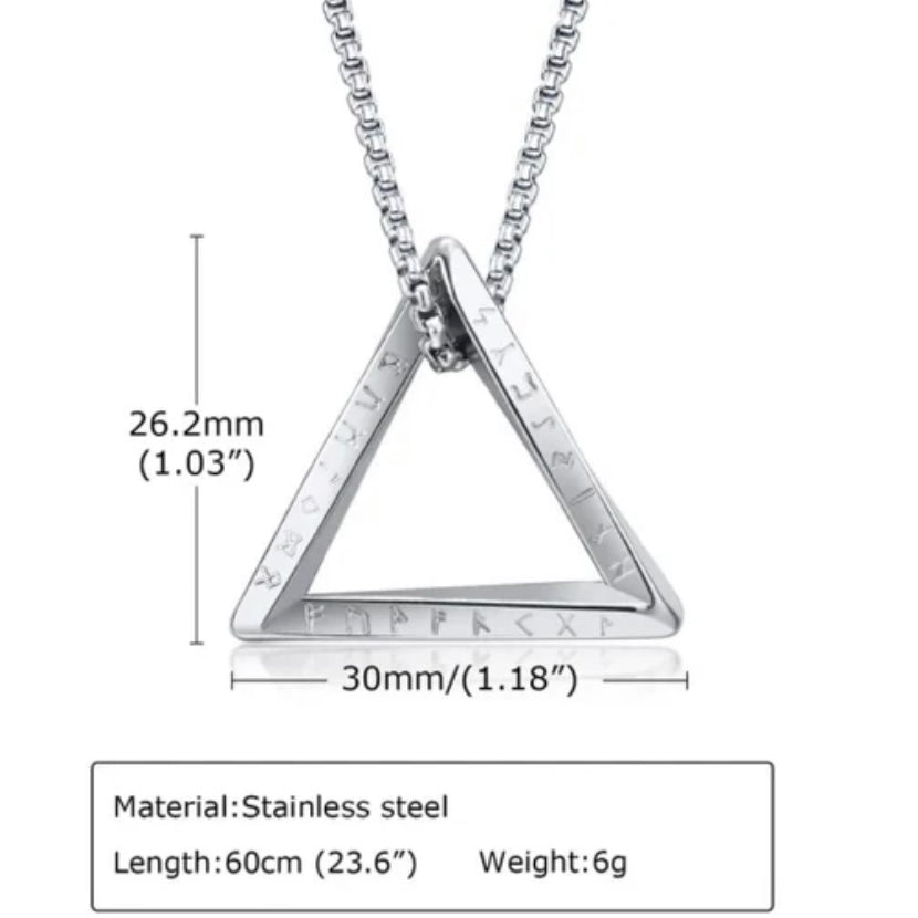 Stylist Amulet Norse Vikinging Stainless Steel Triangle Link Chain Pendant Necklace Available in Black or Silver Colours