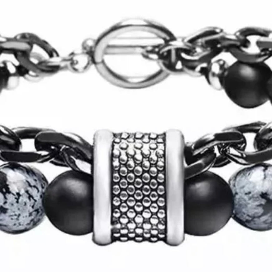 Double Layered Stainless Steel Gunmetal Link Chain and Beaded Stone Yoga Bracelet