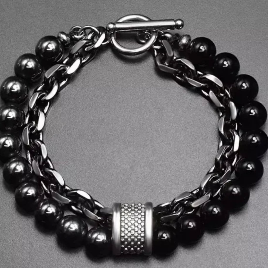 Double Layered Stainless Steel Gunmetal Link Chain and Beaded Stone Yoga Bracelet