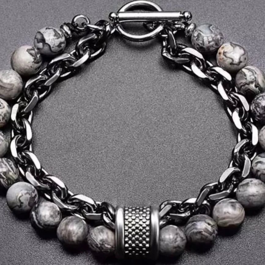 Double Layered Stainless Steel Gunmetal Link Chain and Beaded Stone Yoga Bracelet