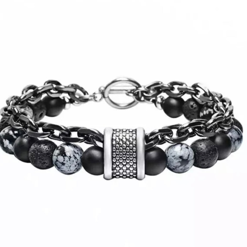 Double Layered Stainless Steel Gunmetal Link Chain and Beaded Stone Yoga Bracelet