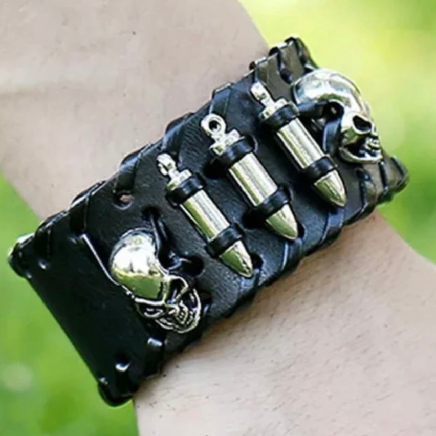 Punk Gothic Hip Hop Skull Skeleton Head Bullets Wide Leather Bracelet Wrap Cuff