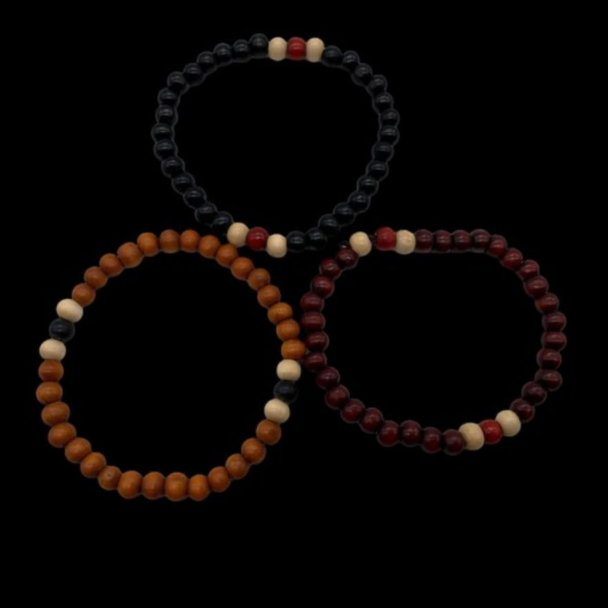 Triple Layer Wooden Small Beads Elasticated Bracelets in Black, Red & Brown