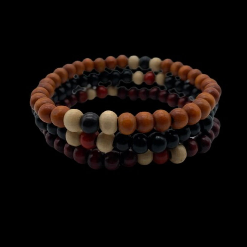 Triple Layer Wooden Small Beads Elasticated Bracelets in Black, Red & Brown