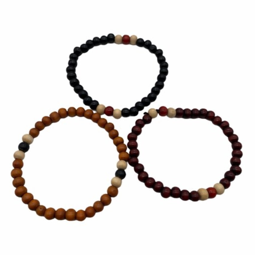 Triple Layer Wooden Small Beads Elasticated Bracelets in Black, Red & Brown