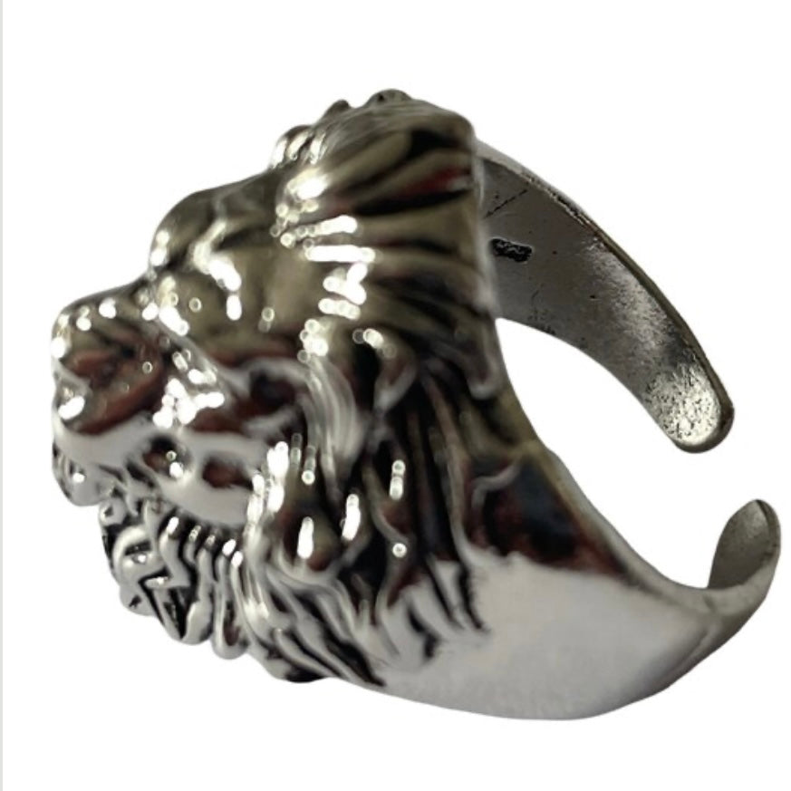 Animal Silver King Lion Adjustable Open Ring