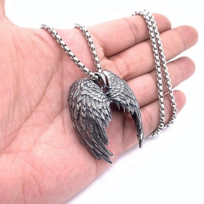 Retro Stunning Stainless Steel Double Angel Wings Pendant Necklace