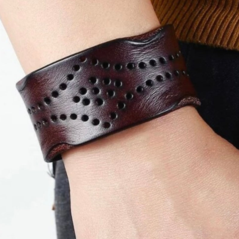 Brown Leather Wide Wrap Hole Pattered Cuff Bangle Bracelet