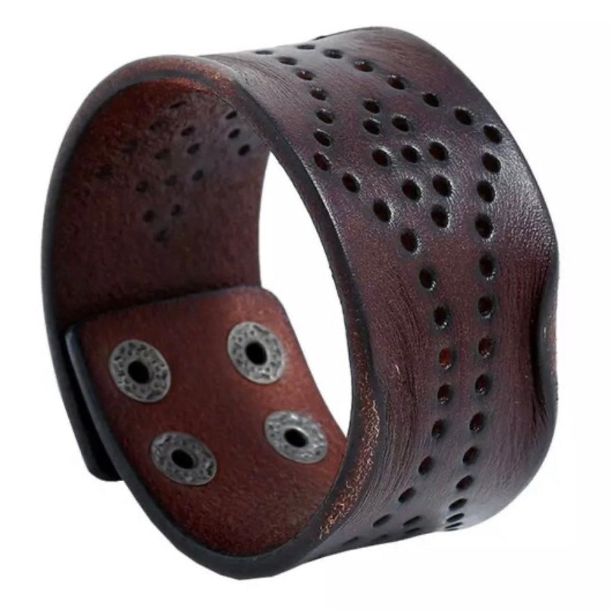 Brown Leather Wide Wrap Hole Pattered Cuff Bangle Bracelet