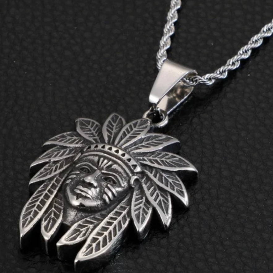 Cool Vintage Indian Chief Stainless Steel Pendant Necklace