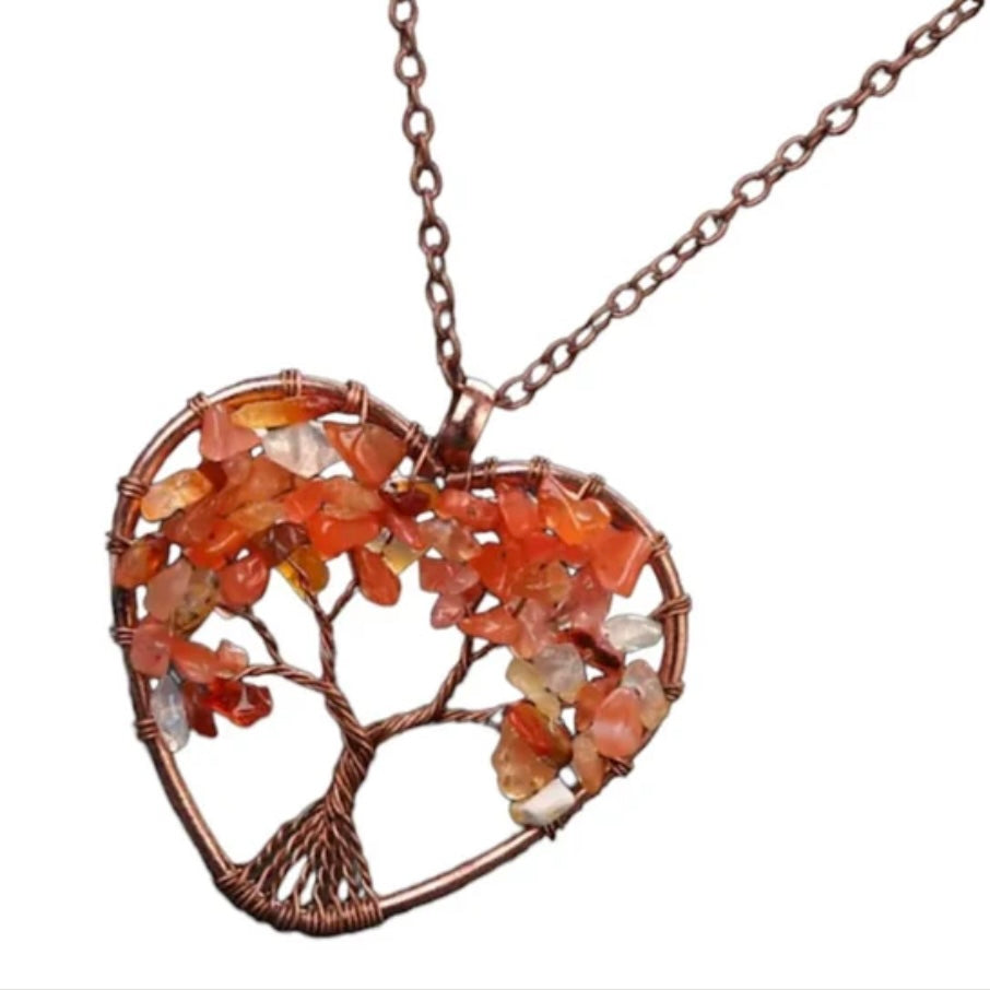 Tree Of Life Wired Reiki Crystals Heart Pendant Necklace