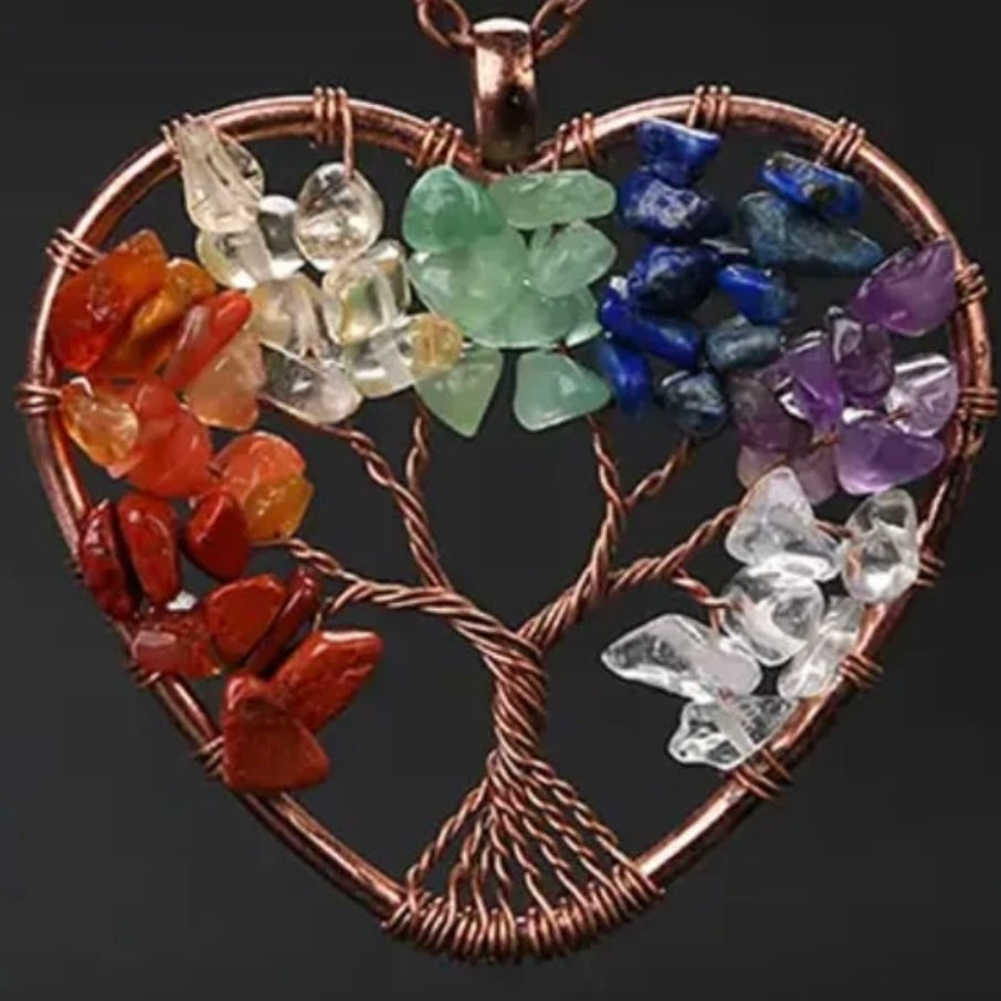 Tree Of Life Wired Reiki Crystals Heart Pendant Necklace