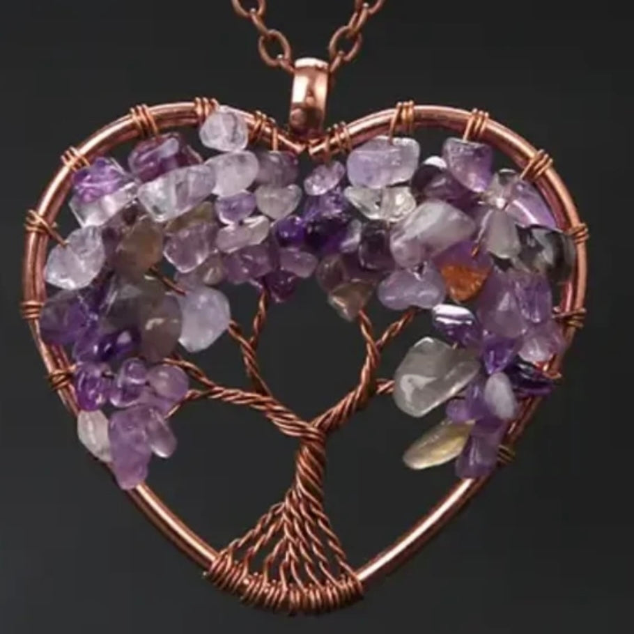 Tree Of Life Wired Reiki Crystals Heart Pendant Necklace