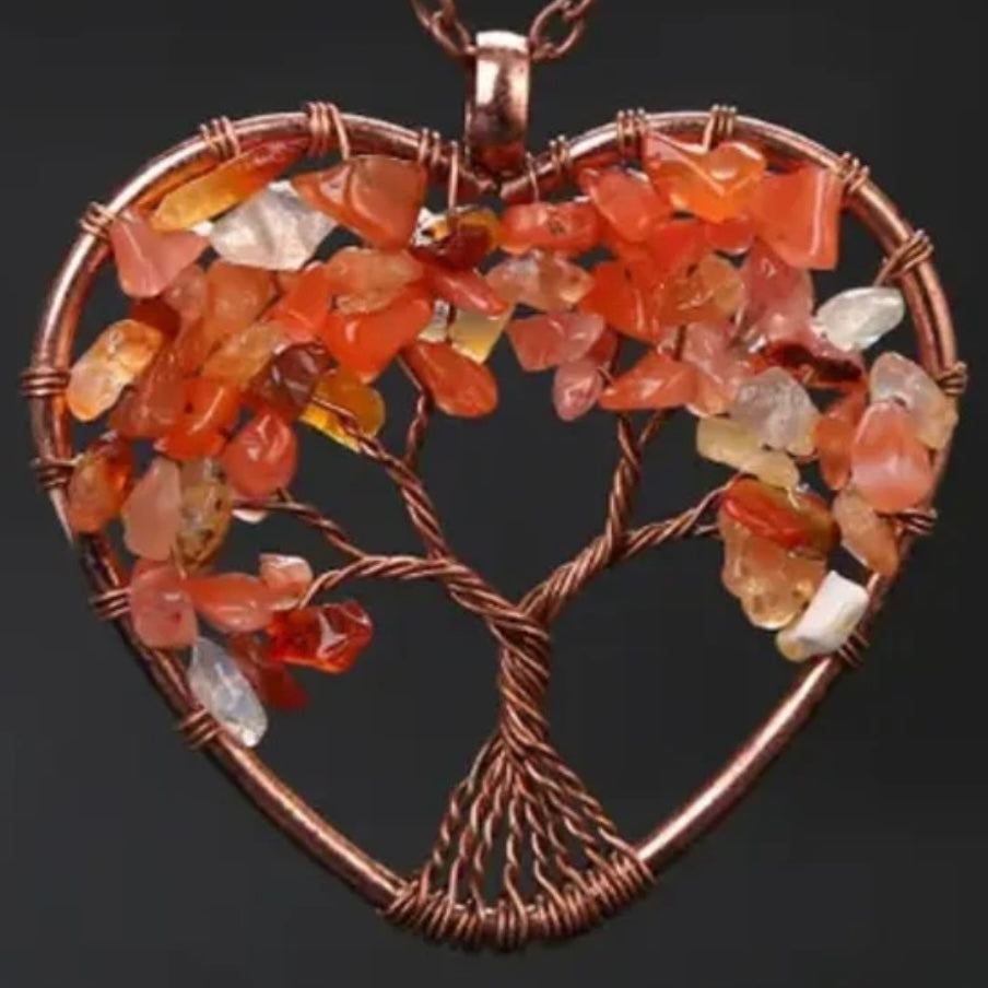 Tree Of Life Wired Reiki Crystals Heart Pendant Necklace