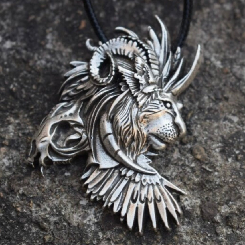 Large Wild Animal Lion Head Pendant on Black Rope Necklace