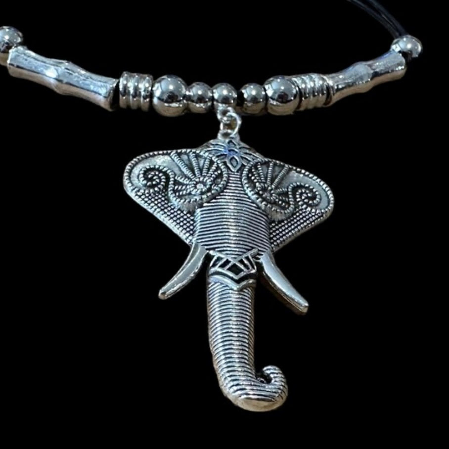 Bohemian Double Layered Black Leather Elephant Charm Choker Sweater Necklace