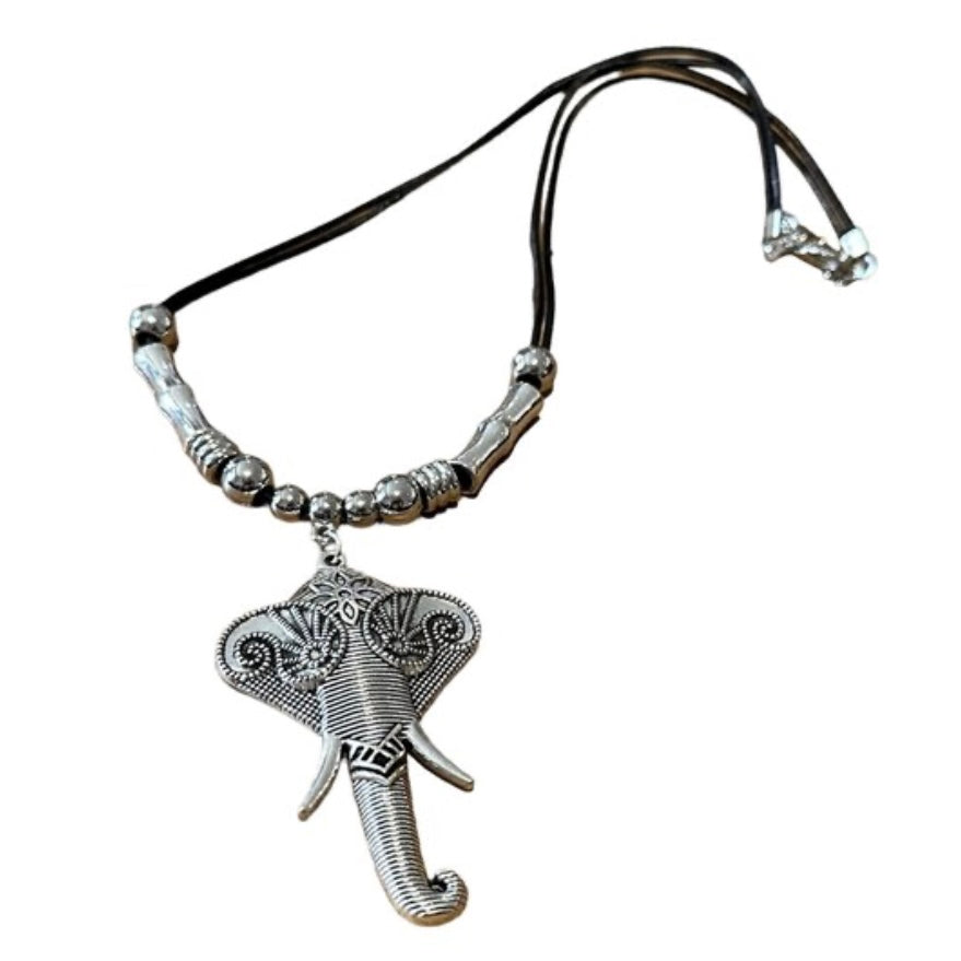 Bohemian Double Layered Black Leather Elephant Charm Choker Sweater Necklace