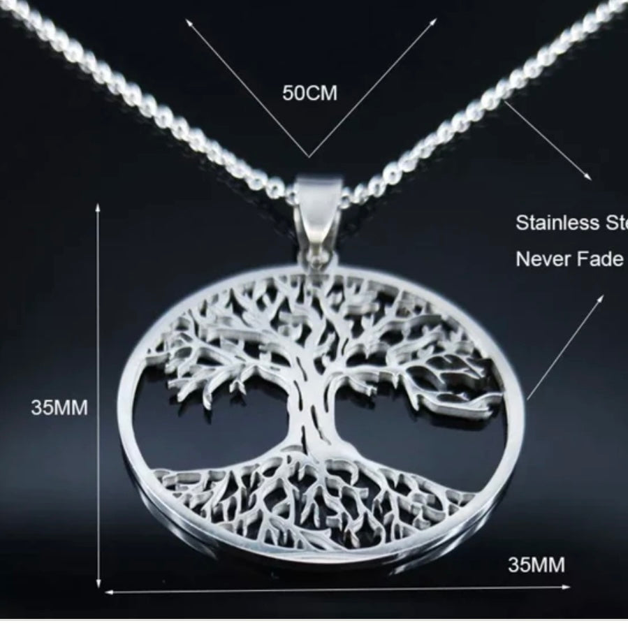 Tree of Life Stainless Steel Pendant Necklace Available in Silver Gold and Black