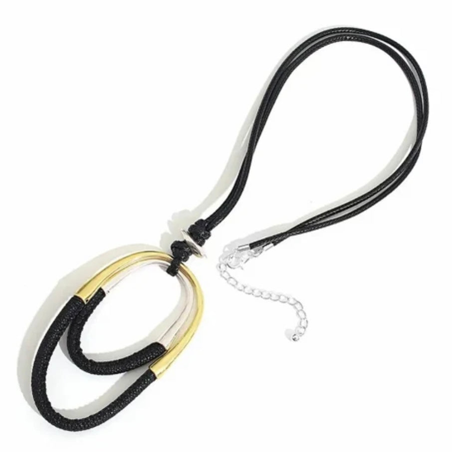 Black and Gold Oval Pendant with Long Black Rope Necklace