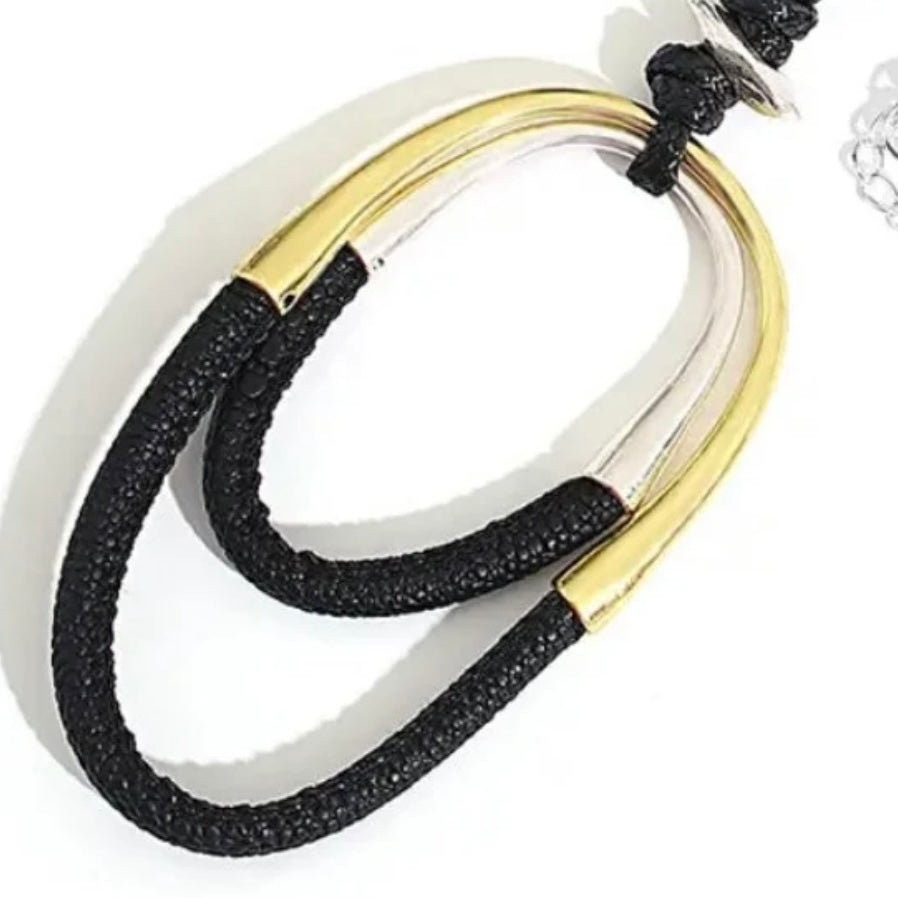 Black and Gold Oval Pendant with Long Black Rope Necklace