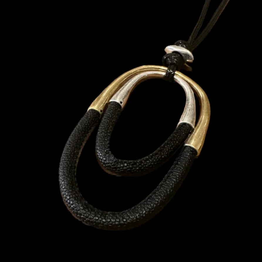 Black and Gold Oval Pendant with Long Black Rope Necklace