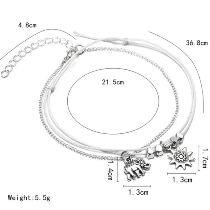 2 Layered Elephant Charm on Silver Chain and Sun Charm on White Rope Anklet