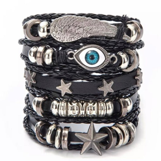 Multi-Layered Vintage Weave Bohemian Leather Turkish Eye Feather Stars Bracelet Cuff Wrap