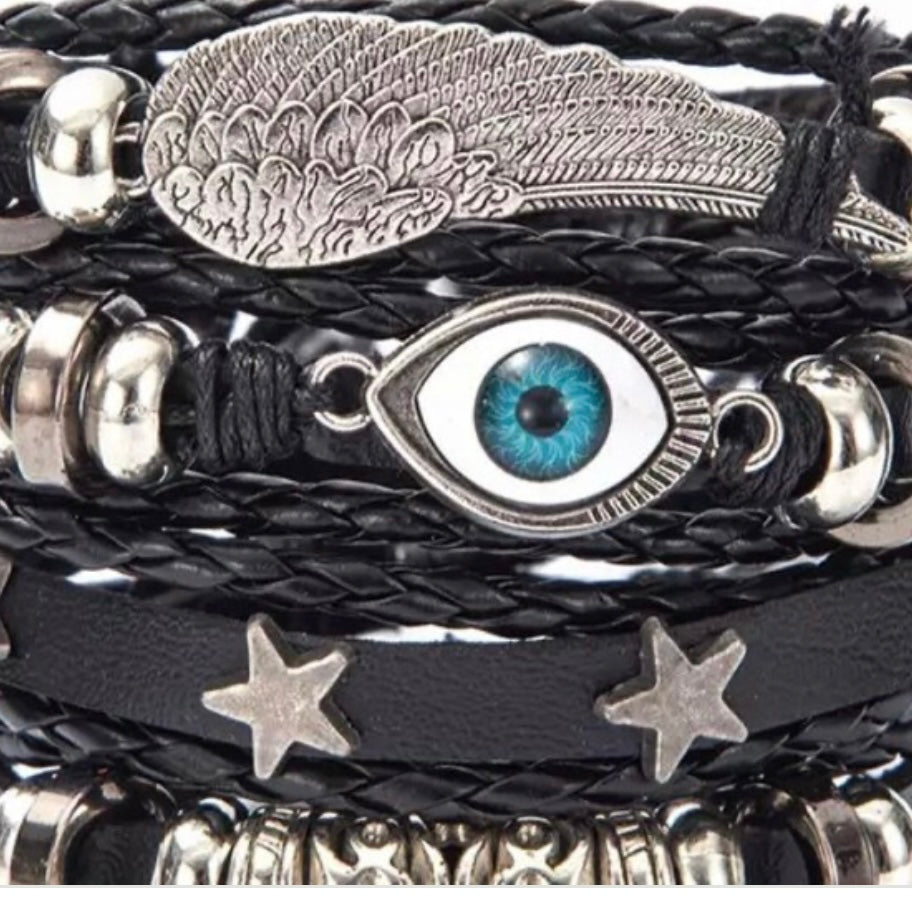 Multi-Layered Vintage Weave Bohemian Leather Turkish Eye Feather Stars Bracelet Cuff Wrap