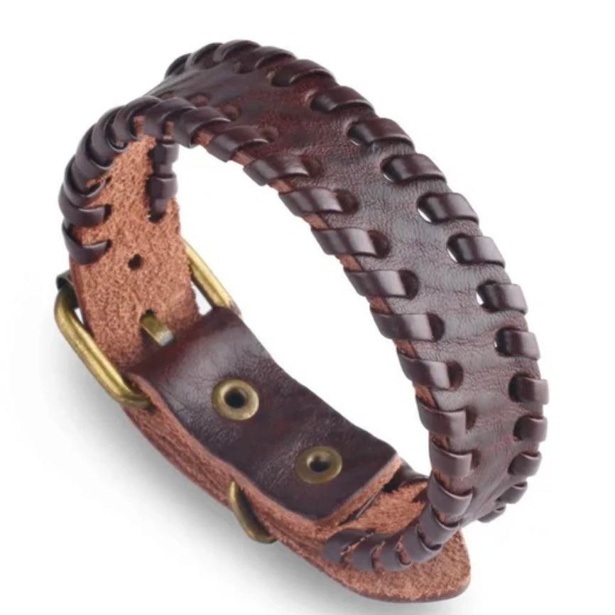 Thin Brown Leather Simple Cuff Weave Belt Buckle Bracelet