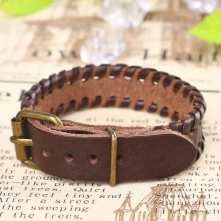 Thin Brown Leather Simple Cuff Weave Belt Buckle Bracelet