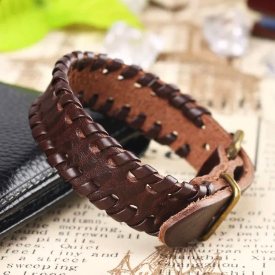 Thin Brown Leather Simple Cuff Weave Belt Buckle Bracelet