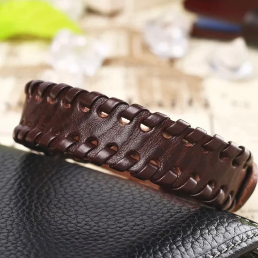 Thin Brown Leather Simple Cuff Weave Belt Buckle Bracelet