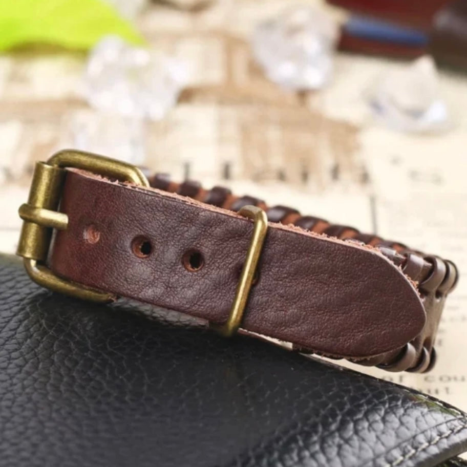 Thin Brown Leather Simple Cuff Weave Belt Buckle Bracelet