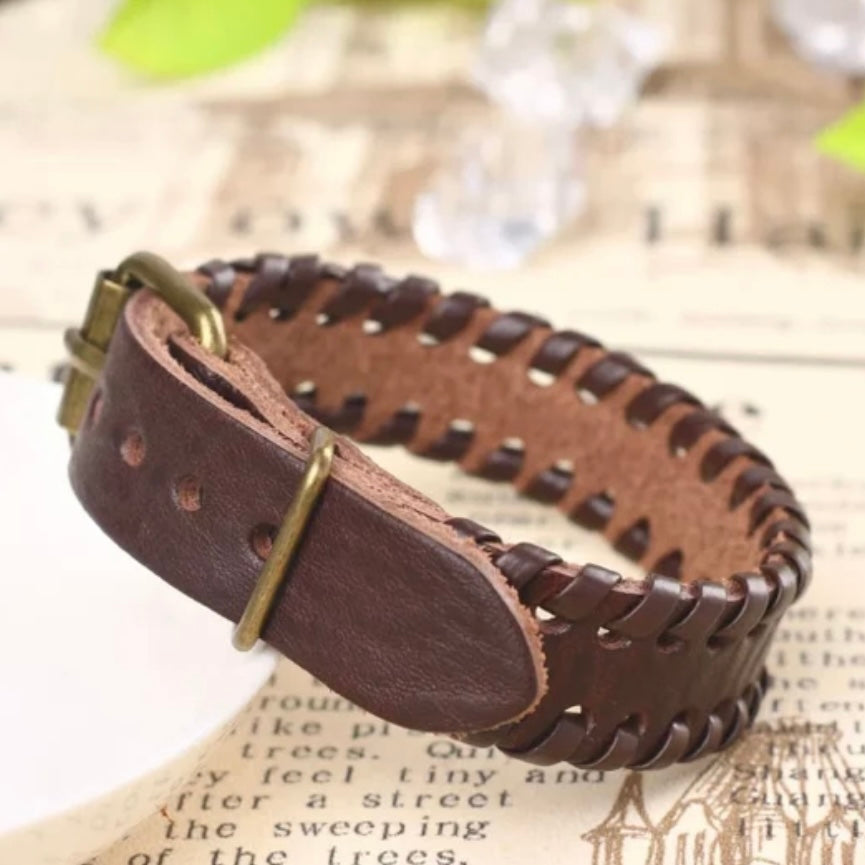 Thin Brown Leather Simple Cuff Weave Belt Buckle Bracelet