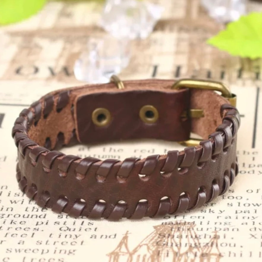 Thin Brown Leather Simple Cuff Weave Belt Buckle Bracelet