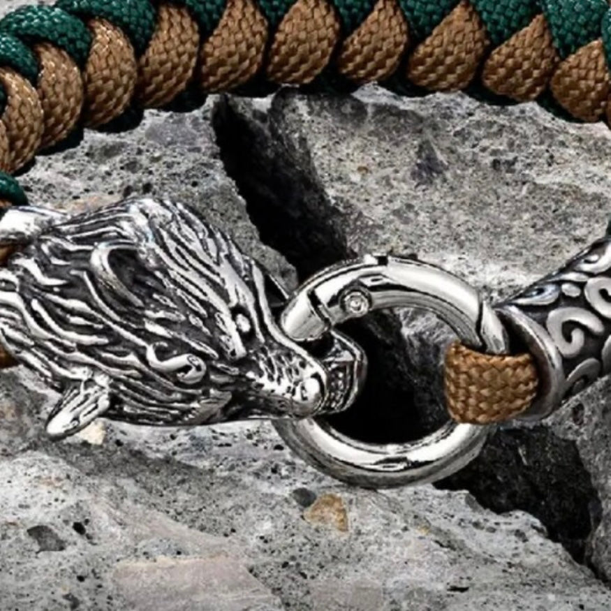 Stainless Steel Celtic Wolf Head Lanyard Norse Viking Survival Paracord Bangle Wrap Bracelet Available in 2 Colours