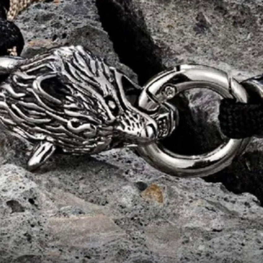 Stainless Steel Celtic Wolf Head Lanyard Norse Viking Survival Paracord Bangle Wrap Bracelet Available in 2 Colours