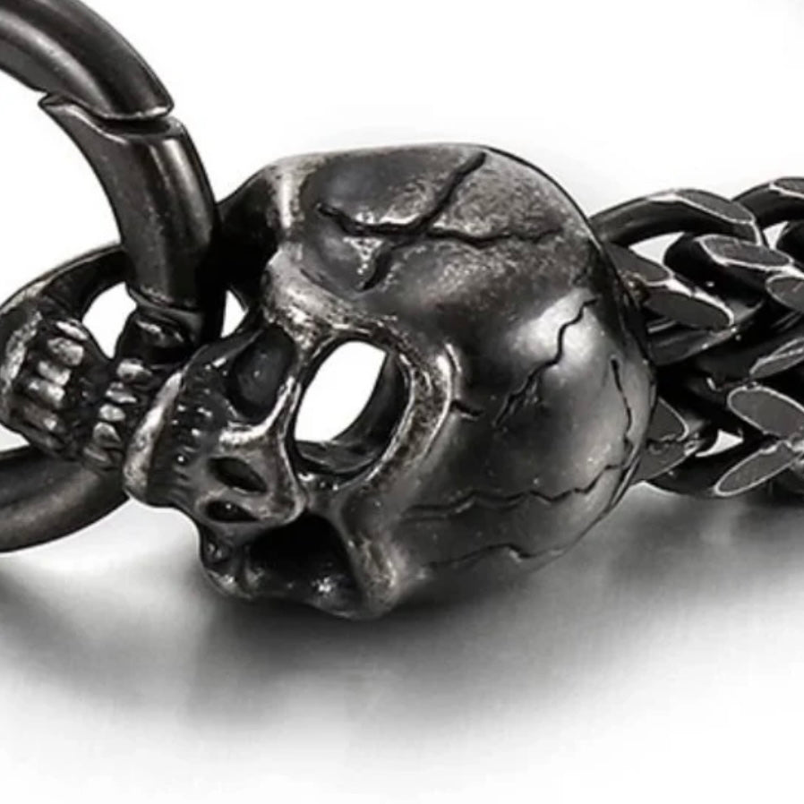 Stunning Stainless Steel Gothic Double Skull Skeleton Charm Link Bracelet Available in Silver Gold or Black