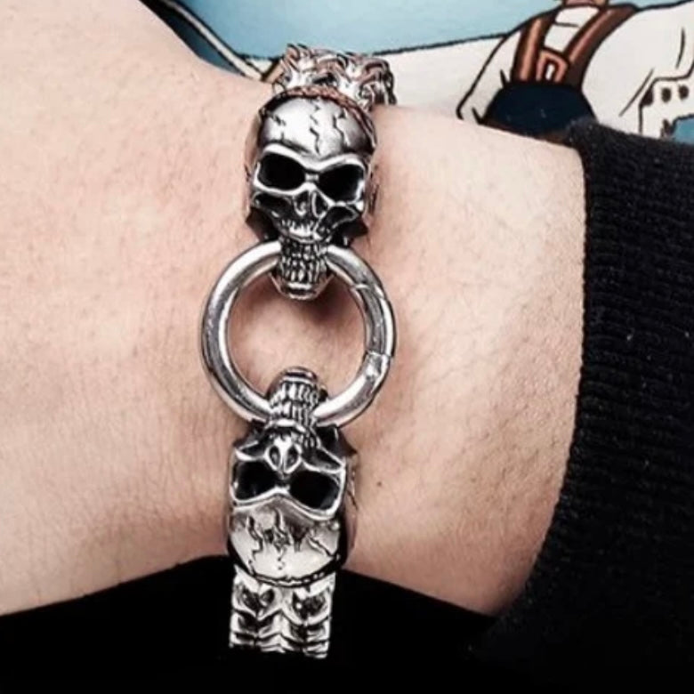 Stunning Stainless Steel Gothic Double Skull Skeleton Charm Link Bracelet Available in Silver Gold or Black