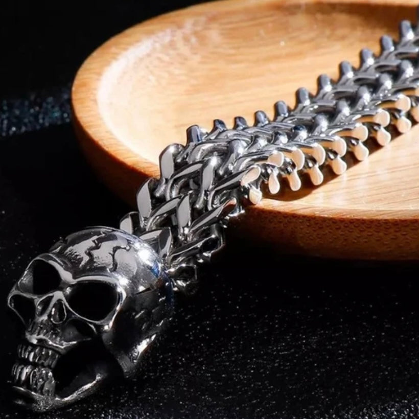 Stunning Stainless Steel Gothic Double Skull Skeleton Charm Link Bracelet Available in Silver Gold or Black