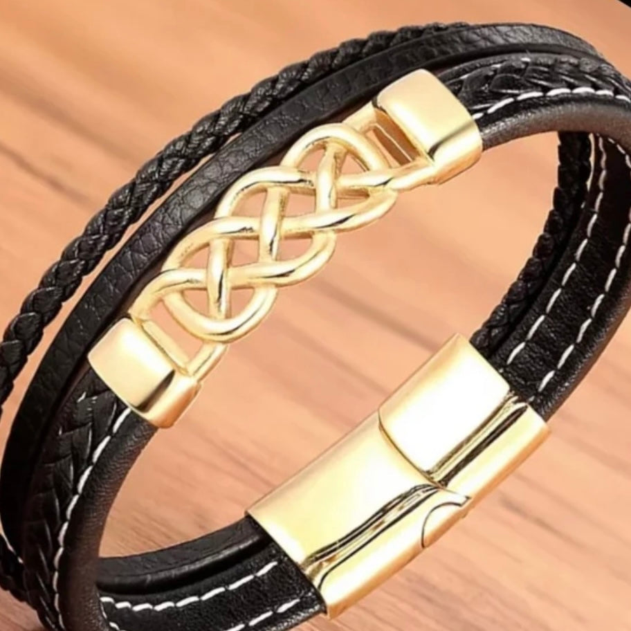 Stainless Steel Black Leather Punk Design Multi Layer Bracelet Wrap